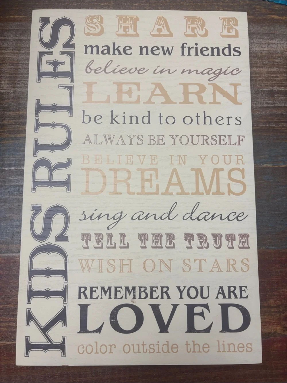 Kids Rules Inspirational Wall Sign in Beige and Black